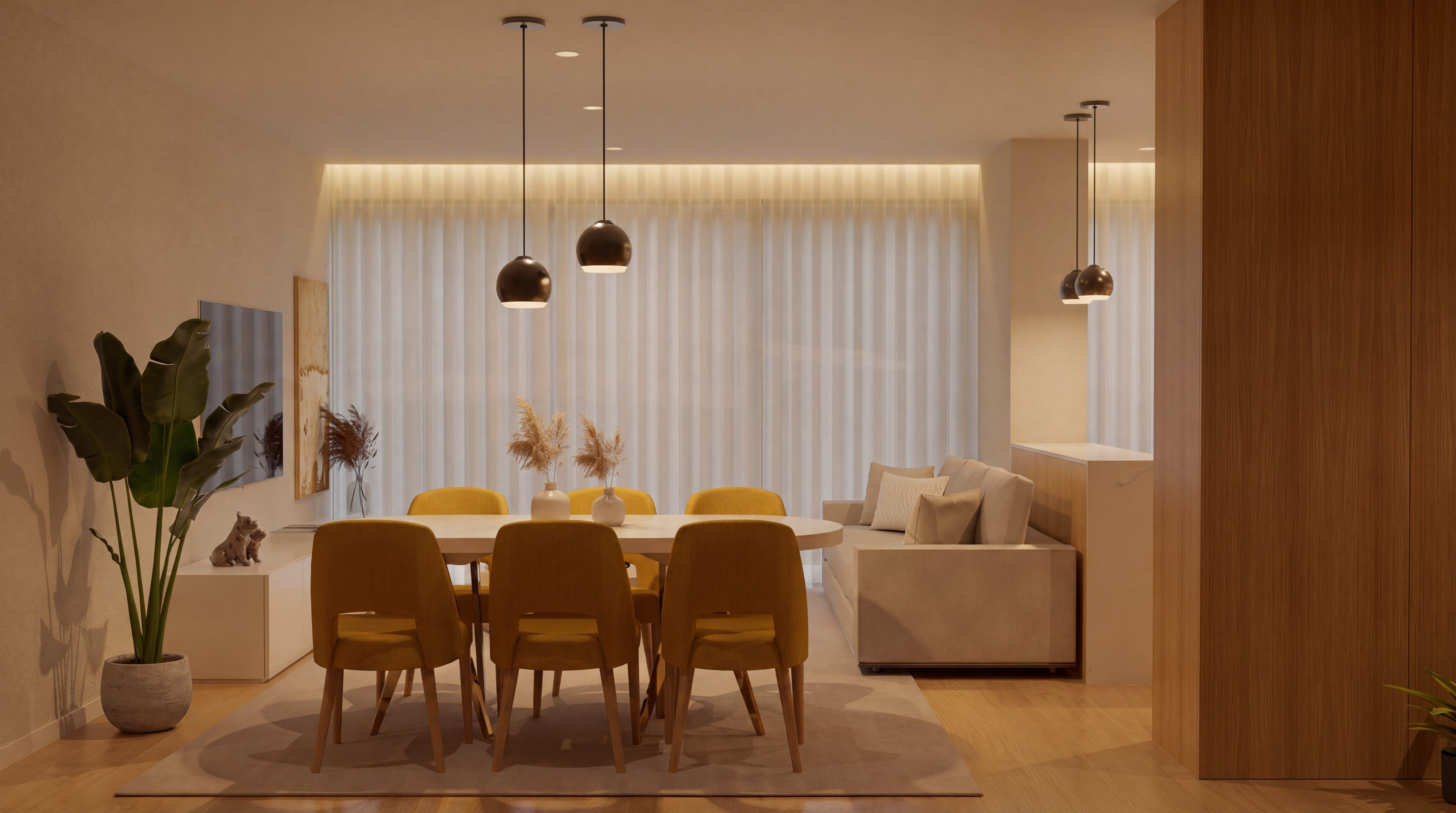 Sala de jantar com teto falso e sanca iluminada a percorrer o vão dos cortinados