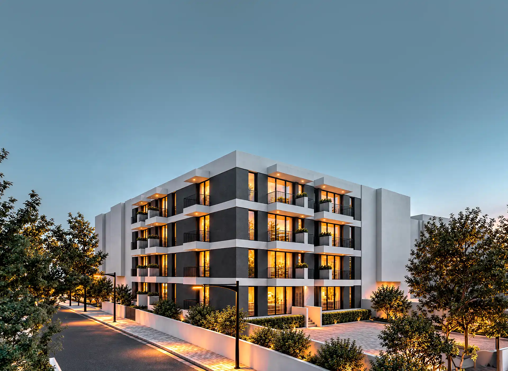 Render of the four-storey Elbow building at dusk, seen from the street corner