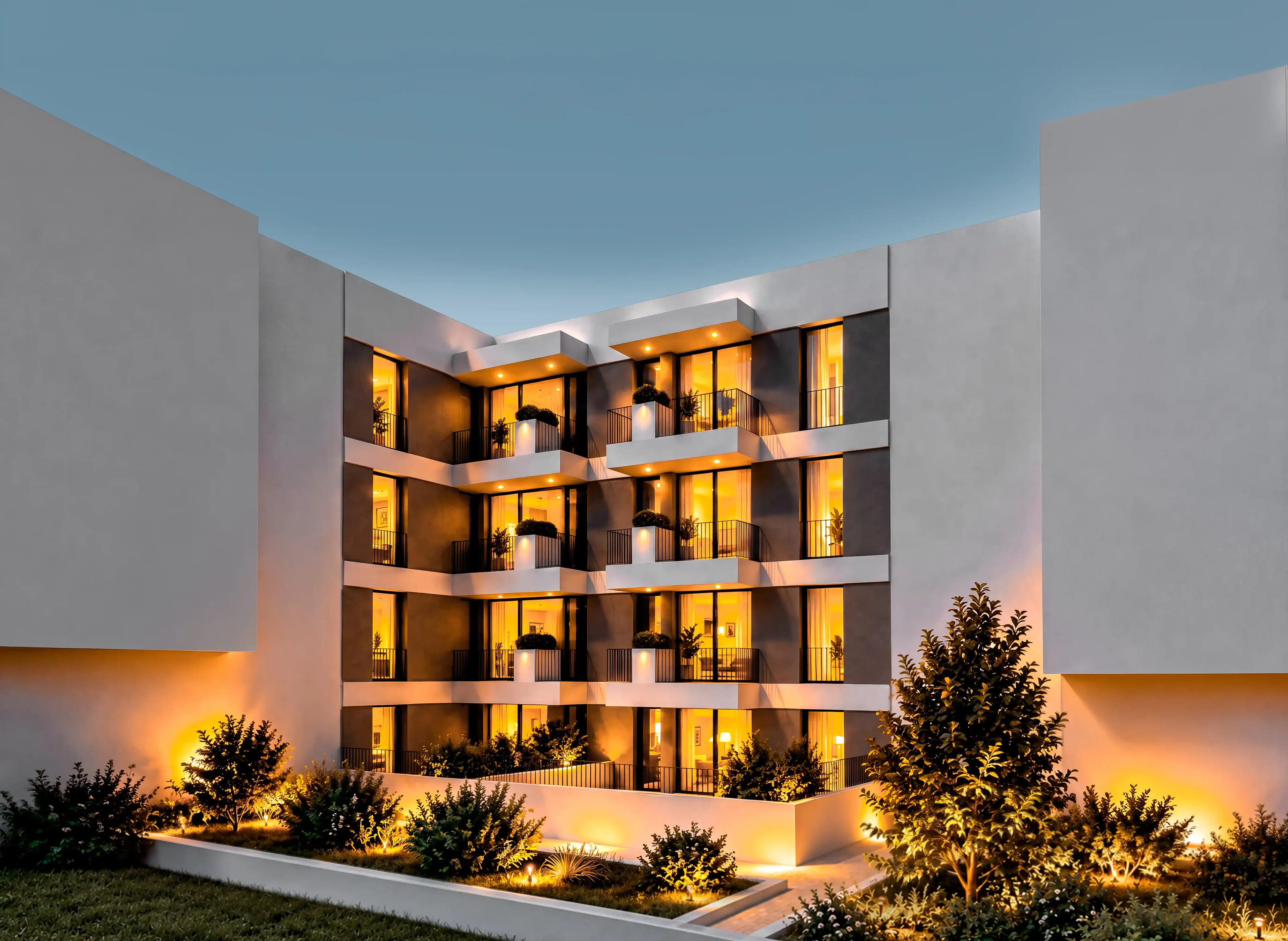 Render das traseiras do edifício Elbow ao anoitecer, com as varandas viradas ao pátio