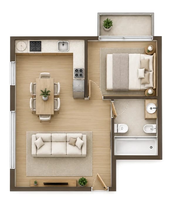 Planta Tipo AA, imagem 3D mobilada