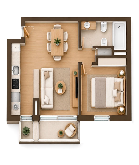 Planta Tipo BD, imagem 3D mobilada