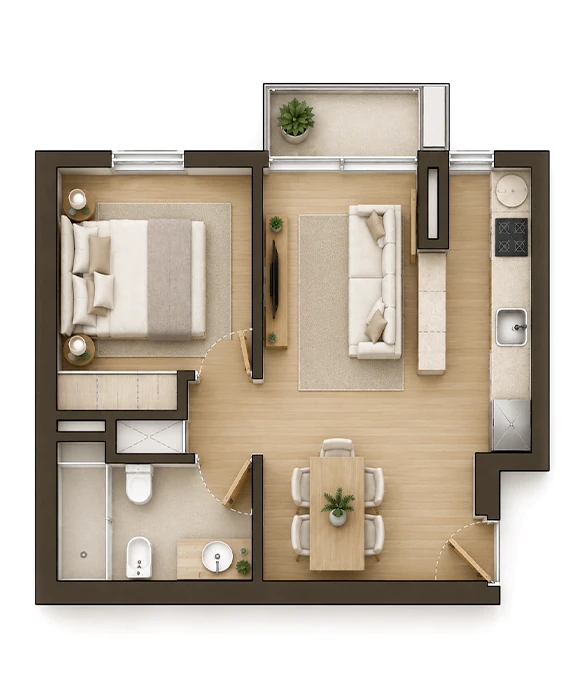 Planta Tipo AB, imagem 3D mobilada