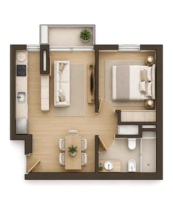 Planta Tipo AC, imagem 3D mobilada