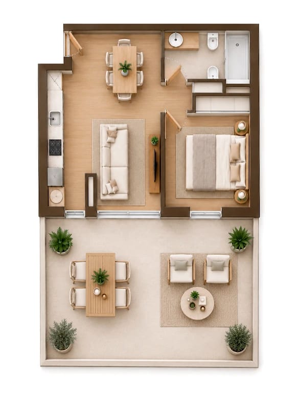 Planta Tipo AD, imagem 3D mobilada