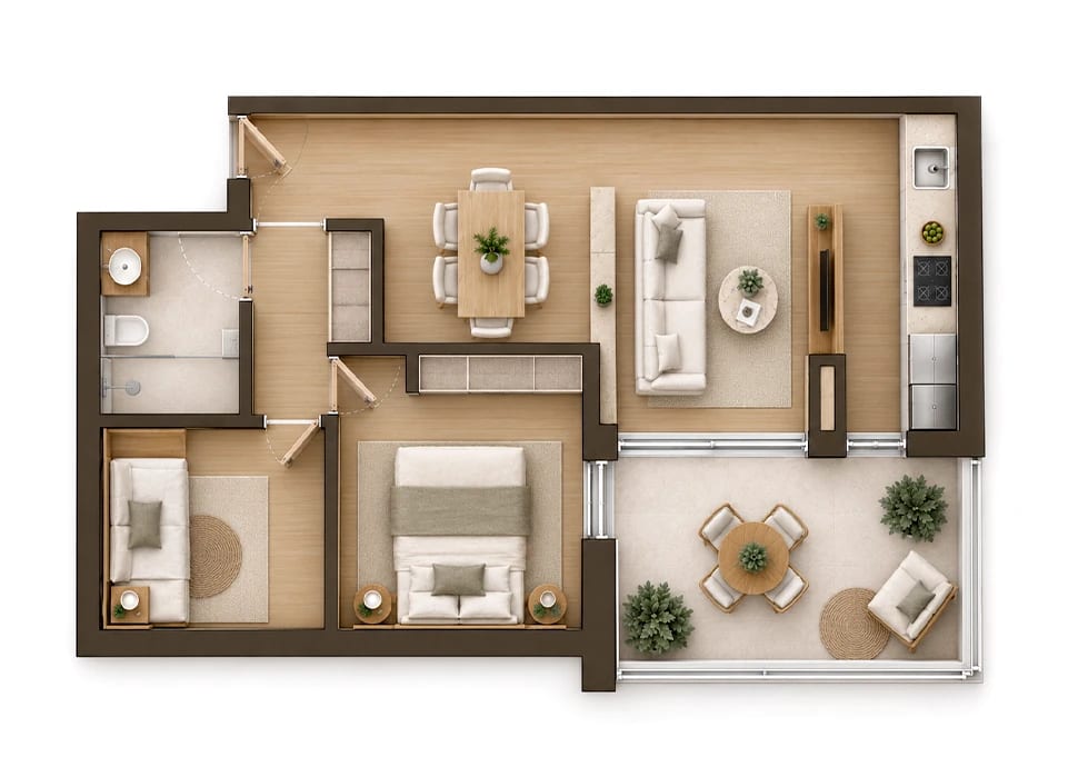 Planta Tipo AE, imagem 3D mobilada