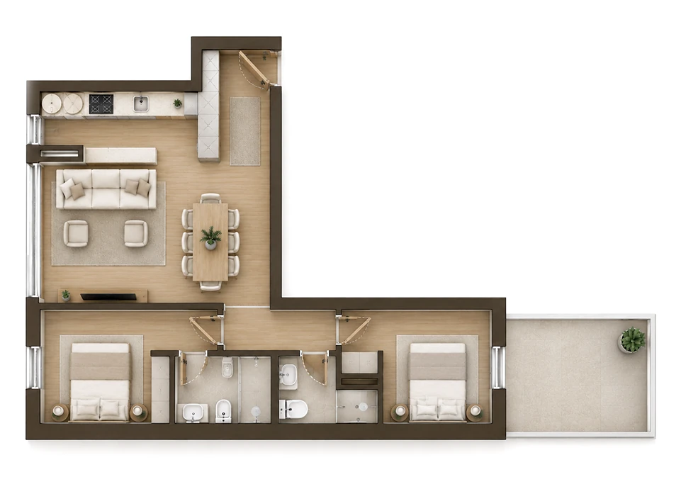 Planta Tipo AF, imagem 3D mobilada