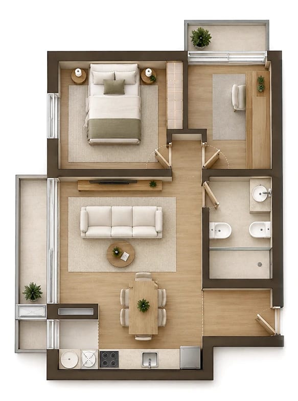 Planta Tipo BA, imagem 3D mobilada