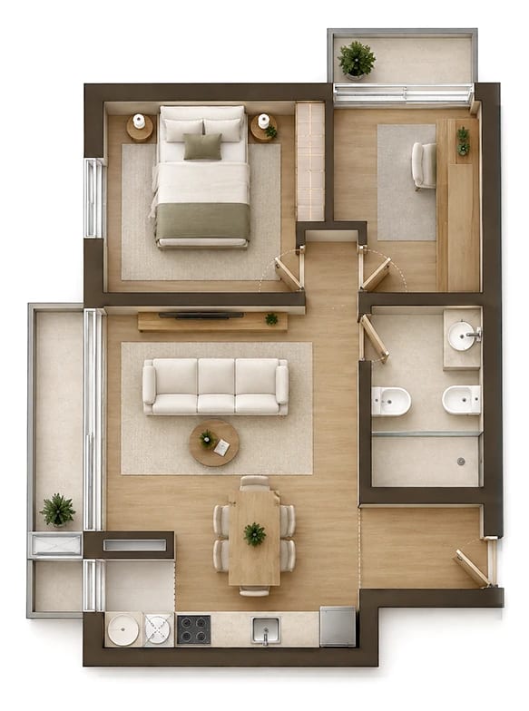 Planta Tipo CA, imagem 3D mobilada