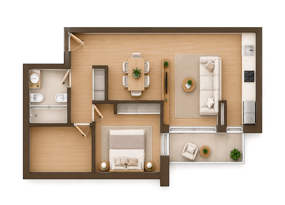 Planta Tipo CE, imagem 3D mobilada